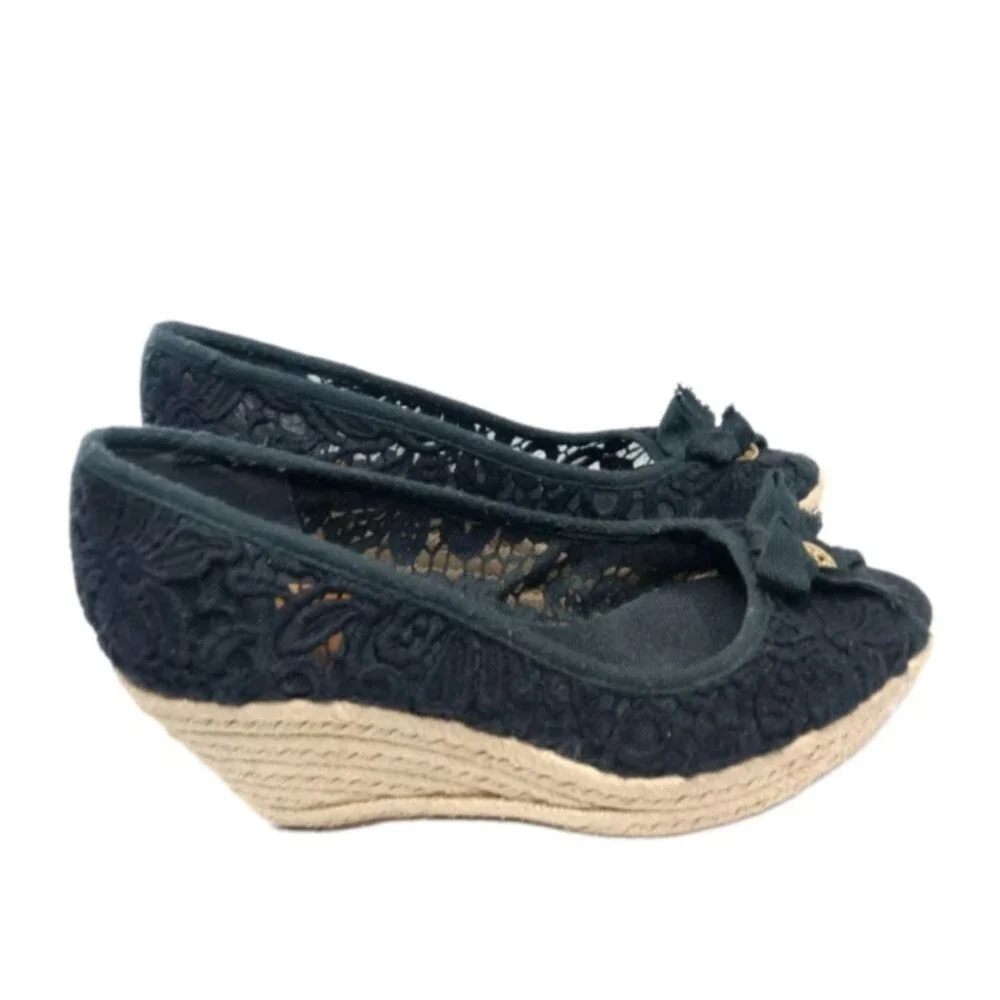 Tory Burch Jackie Wedge Espadrille Shoes Women’s Size 8.5 Black Crochet  Lace